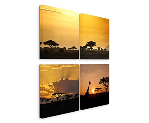 Paul Sinus Art 4 Teiliges Leinwandbild je 40x40cm - Akazienbaum Afrika Sonnenuntergang Wüste Giraffe