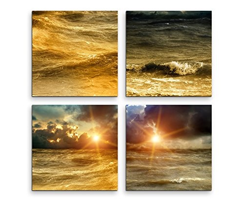 Paul Sinus Art 4 Teiliges Leinwandbild je 40x40cm - Sonnenuntergang Meer Wasser Wellen Sommer