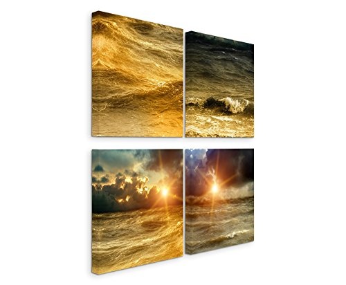 Paul Sinus Art 4 Teiliges Leinwandbild je 40x40cm - Sonnenuntergang Meer Wasser Wellen Sommer