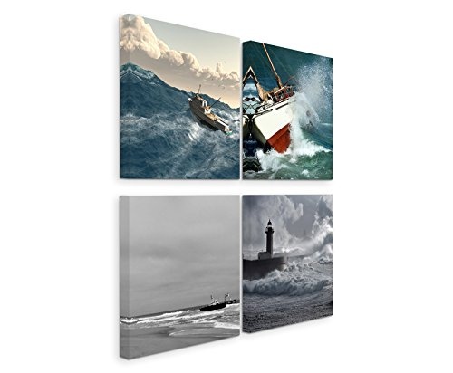 Paul Sinus Art 4 Teiliges Leinwandbild je 40x40cm - Leuchtturm Wellen Meer Schiff Unwetter