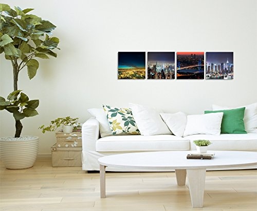 Paul Sinus Art 4 Teiliges Leinwandbild je 40x40cm - New York Brooklyn Bridge Skyline Nacht