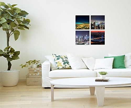 Paul Sinus Art 4 Teiliges Leinwandbild je 40x40cm - New York Brooklyn Bridge Skyline Nacht