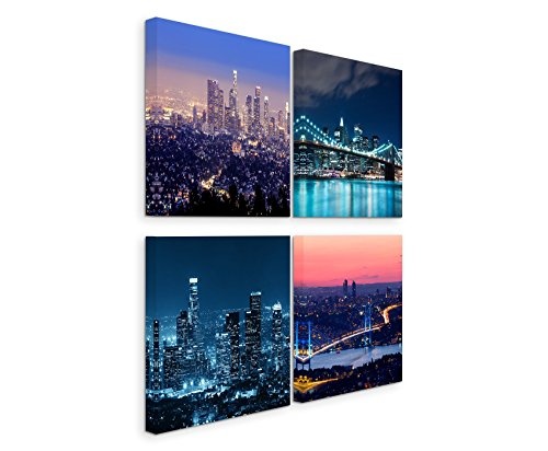 Paul Sinus Art 4 Teiliges Leinwandbild je 40x40cm - New York Brooklyn Bridge Skyline Nacht