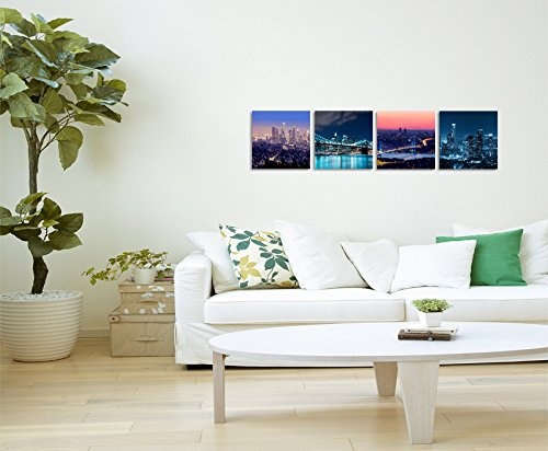 Paul Sinus Art 4 Teiliges Leinwandbild je 40x40cm - New York Brooklyn Bridge Skyline Nacht