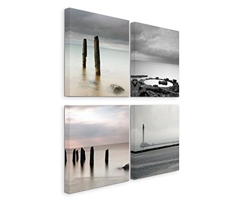 Paul Sinus Art 4 Teiliges Leinwandbild je 40x40cm - Felsen Leuchtturm Strand Meer