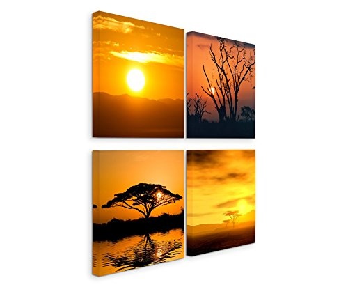 Paul Sinus Art 4 Teiliges Leinwandbild je 40x40cm - Akazienbaum Sonnenuntergang Afrika Wildnis