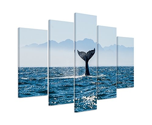 Bilderskulptur 5 teilig Breite 150cm x Höhe 100cm Naturfotografie - Flosse eines Buckelwals im Meer Südafrika auf Leinwand exklusives Wandbild moderne Fotografie für ihre Wand in vielen Größen