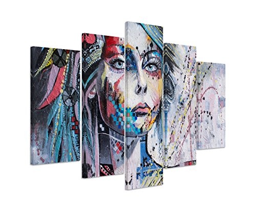 Bilderskulptur 5 teilig Breite 150cm x Höhe 100cm Ölgemälde - Farbenfrohes Mädchen mit blumen und Schmetterling auf Leinwand exklusives Wandbild moderne Fotografie für ihre Wand in vielen Größen