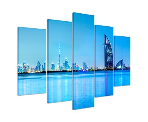Bilderskulptur 5 teilig Breite 150cm x Höhe 100cm Architekturfotografie - Dubai Skyline im Morgengrauen, UAE auf Leinwand exklusives Wandbild moderne Fotografie für ihre Wand in vielen Größen