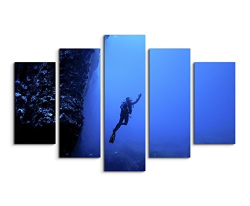 Bilderskulptur 5 teilig Breite 150cm x Höhe 100cm Naturfotografie - Taucher unter Wasser, Malta auf Leinwand exklusives Wandbild moderne Fotografie für ihre Wand in vielen Größen