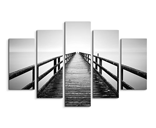 Bilderskulptur 5 teilig Breite 150cm x Höhe 100cm Landschaftsfotografie - Sassnitzer Pier, Rügen auf Leinwand exklusives Wandbild moderne Fotografie für ihre Wand in vielen Größen