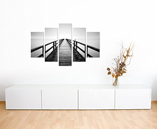 Bilderskulptur 5 teilig Breite 150cm x Höhe 100cm Landschaftsfotografie - Sassnitzer Pier, Rügen auf Leinwand exklusives Wandbild moderne Fotografie für ihre Wand in vielen Größen