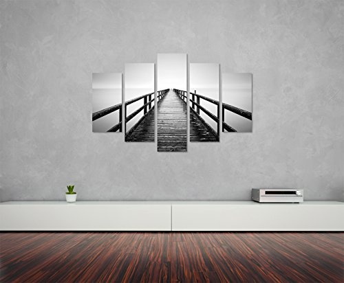 Bilderskulptur 5 teilig Breite 150cm x Höhe 100cm Landschaftsfotografie - Sassnitzer Pier, Rügen auf Leinwand exklusives Wandbild moderne Fotografie für ihre Wand in vielen Größen