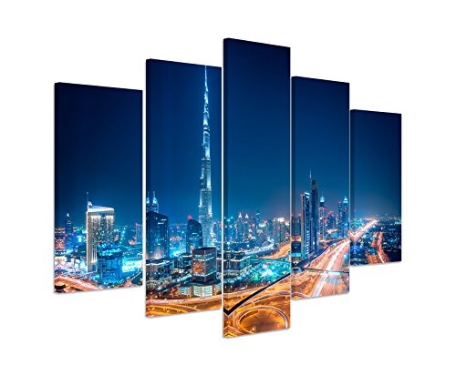 Bilderskulptur 5 teilig Breite 150cm x Höhe 100cm Urbane Fotografie - Downtown Skyline, Dubai, UAE auf Leinwand exklusives Wandbild moderne Fotografie für ihre Wand in vielen Größen