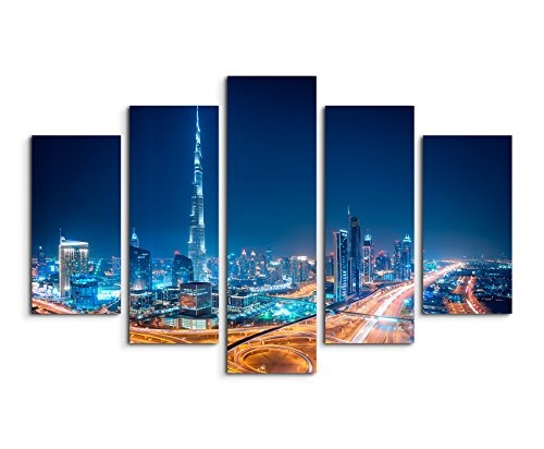 Bilderskulptur 5 teilig Breite 150cm x Höhe 100cm Urbane Fotografie - Downtown Skyline, Dubai, UAE auf Leinwand exklusives Wandbild moderne Fotografie für ihre Wand in vielen Größen
