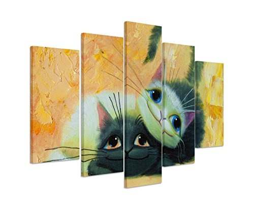 Bilderskulptur 5 teilig Breite 150cm x Höhe 100cm Gemälde von zwei süßen Katzen auf Leinwand exklusives Wandbild moderne Fotografie für ihre Wand in vielen Größen