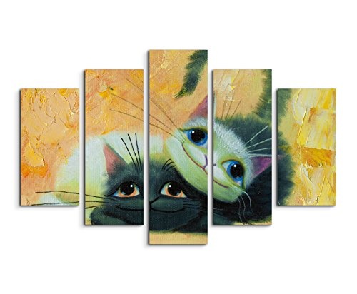 Bilderskulptur 5 teilig Breite 150cm x Höhe 100cm Gemälde von zwei süßen Katzen auf Leinwand exklusives Wandbild moderne Fotografie für ihre Wand in vielen Größen