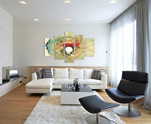 Paul Sinus Art Der Irrgang - Abstrakt367_5 TEILIG (Gesamt Breite 150 x Höhe 100cm) Bild auf Leinwand grün beige rot Abstraktes Motiv einteiliges Dekobild Kunstdruck auf Keilrahmen