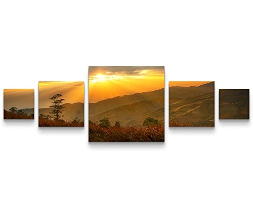 Bwölkter Sonnenuntergang - BerglandschaftLeinwandbild 5 teilig (160x50cm)