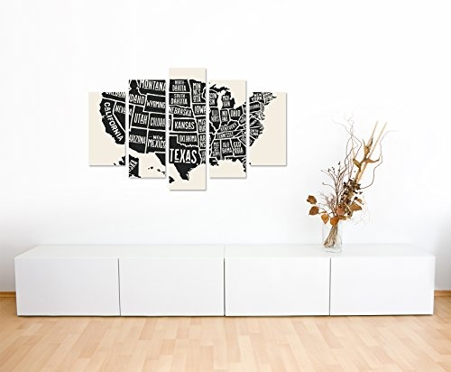 Bilderskulptur 5 teilig Breite 150cm x Höhe 100cm Vintage Illustration der USA mit Staaten auf Leinwand exklusives Wandbild moderne Fotografie für ihre Wand in vielen Größen