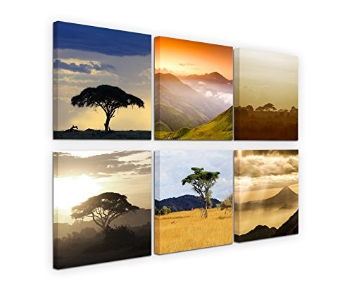 Paul Sinus Art 6 Teiliges Leinwandbild je 40x40cm - Akazienbaum Afrika Wüste Sonnenuntergang