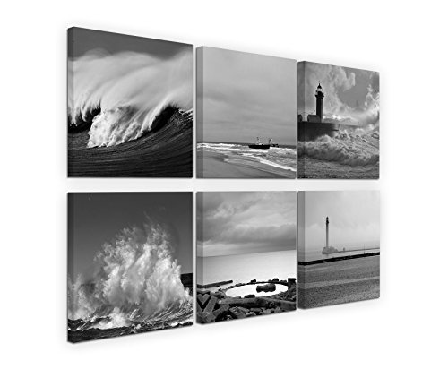 Paul Sinus Art 6 Teiliges Leinwandbild je 40x40cm - Schwarz Weiß Leuchtturm Meer Strand