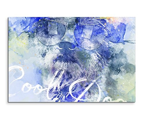 Bild Leinwand 120x80cm Witziger Hund mit Sonnenbrille in Blautönen mit Kalligraphie