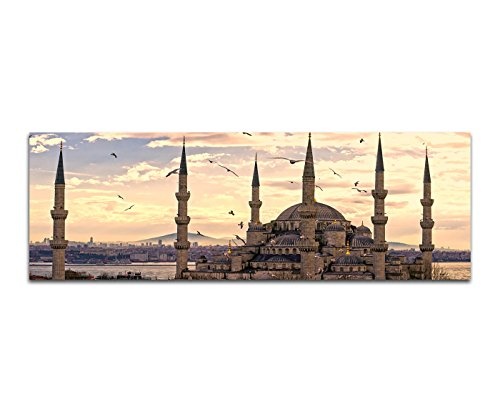 Paul Sinus Art Panoramabild auf Leinwand und Keilrahmen 150x50cm Istanbul Moschee Sonnenuntergang Vögel