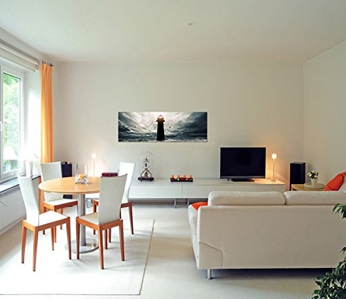 Paul Sinus Art Panoramabild auf Leinwand und Keilrahmen 150x50cm Meer Sturm Wellen Leuchtturm Vögel