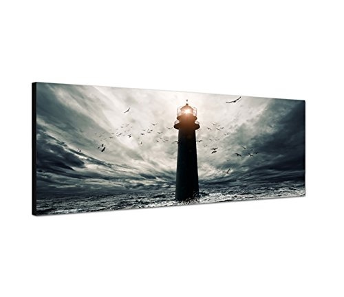 Paul Sinus Art Panoramabild auf Leinwand und Keilrahmen 150x50cm Meer Sturm Wellen Leuchtturm Vögel