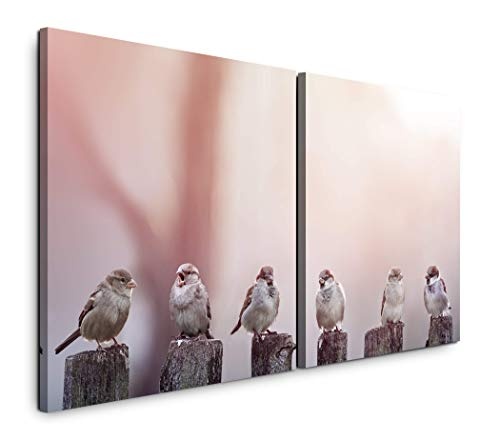 Paul Sinus Art GmbH Vögel auf Holzstämmen 120x60cm - 2 Wandbilder je 60x60cm Kunstdruck modern Wandbilder XXL Wanddekoration Design Wand Bild