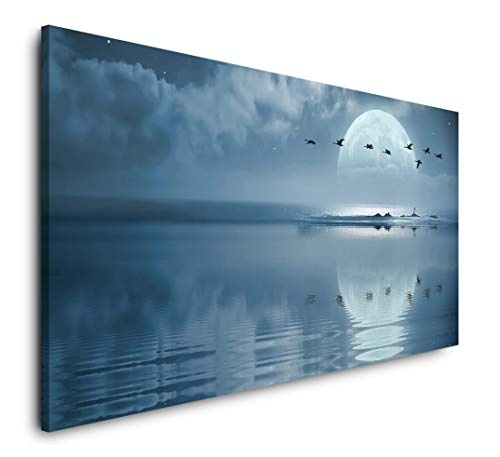 Paul Sinus Art Ozean bei Vollmond 120x 60cm Panorama Leinwand Bild XXL Format Wandbilder Wohnzimmer Wohnung Deko Kunstdrucke