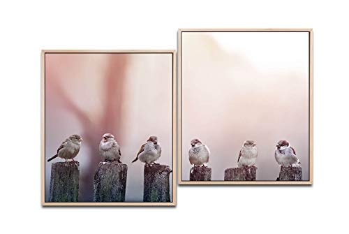 Paul Sinus Art Vögel auf Holzstämmen 130 x 90 cm (2 Bilder ca. 75x65cm) Leinwandbilder fertig im Schattenfugenrahmen Natur Kunstdruck XXL modern