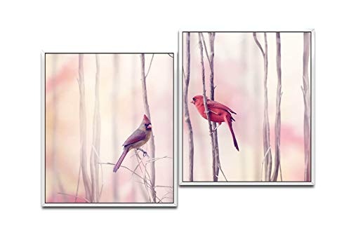 Paul Sinus Art Vögel auf Ästen 130 x 90 cm (2 Bilder ca. 75x65cm) Leinwandbilder fertig im Schattenfugenrahmen Weiss Kunstdruck XXL modern
