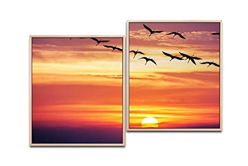 Paul Sinus Art Vögel im Sonnenuntergang 130 x 90 cm (2 Bilder ca. 75x65cm) Leinwandbilder fertig im Schattenfugenrahmen Natur Kunstdruck XXL modern