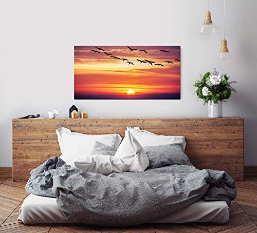 Paul Sinus Art Vögel im Sonnenuntergang 120x 60cm Panorama Leinwand Bild XXL Format Wandbilder Wohnzimmer Wohnung Deko Kunstdrucke