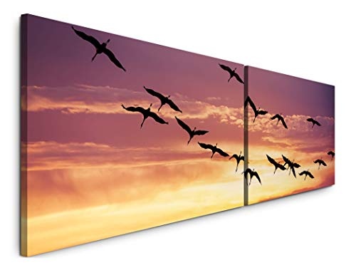 Paul Sinus Art Vögel im Sonnenuntergang 180x50cm - 2 Wandbilder je 50x90cm - Kunstdrucke - Wandbild - Leinwandbilder fertig auf Rahmen