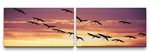 Paul Sinus Art Vögel im Sonnenuntergang 180x50cm - 2 Wandbilder je 50x90cm - Kunstdrucke - Wandbild - Leinwandbilder fertig auf Rahmen