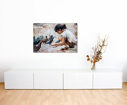 Paul Sinus Art Kunstfoto auf Leinwand 60x40cm Ölgemälde - Mädchen mit Taube auf Leinwand Exklusives Wandbild Moderne Fotografie für Ihre Wand in Vielen Größen