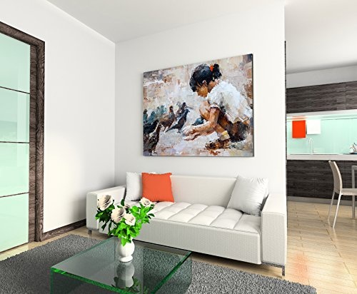 Paul Sinus Art Kunstfoto auf Leinwand 60x40cm Ölgemälde - Mädchen mit Taube auf Leinwand Exklusives Wandbild Moderne Fotografie für Ihre Wand in Vielen Größen