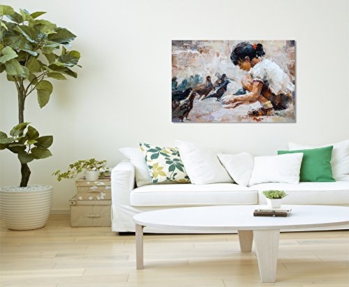 Paul Sinus Art Kunstfoto auf Leinwand 60x40cm Ölgemälde - Mädchen mit Taube auf Leinwand Exklusives Wandbild Moderne Fotografie für Ihre Wand in Vielen Größen