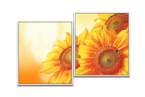 Paul Sinus Art schöne Sonnenblumen 130 x 90 cm (2 Bilder ca. 75x65cm) Leinwandbilder fertig im Schattenfugenrahmen Weiss Kunstdruck XXL modern