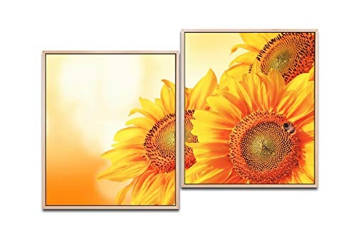 Paul Sinus Art schöne Sonnenblumen 130 x 90 cm (2 Bilder ca. 75x65cm) Leinwandbilder fertig im Schattenfugenrahmen Natur Kunstdruck XXL modern