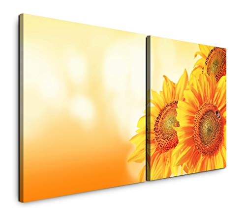 Paul Sinus Art GmbH schöne Sonnenblumen 120x60cm - 2 Wandbilder je 60x60cm Kunstdruck modern Wandbilder XXL Wanddekoration Design Wand Bild