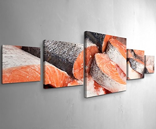 Paul Sinus Art Leinwandbilder | Bilder Leinwand 160x50cm roher Lachs im Eisfach