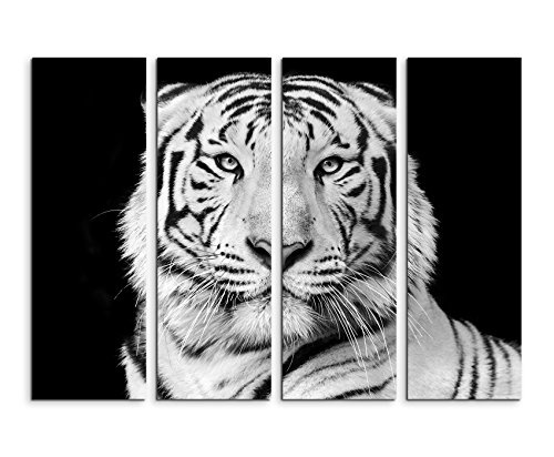Fotoleinwand 4Teile je 90x30cm Tierfotografie - Porträt eines weißen bengalischen Tigers schwarz weiß