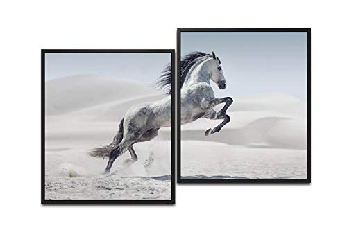 Paul Sinus Art SCHWARZes Pferd 130 x 90 cm (2 Bilder ca. 75x65cm) Leinwandbilder fertig im Schattenfugenrahmen SCHWARZ Kunstdruck XXL modern