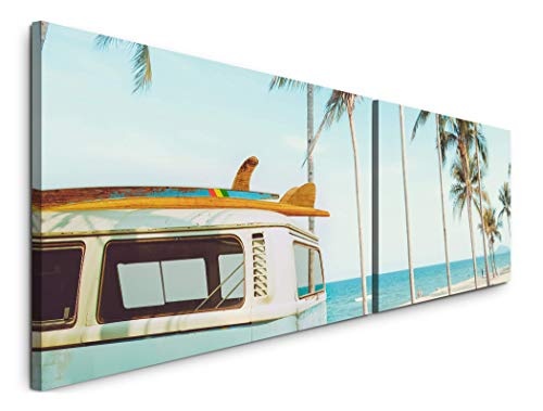 Paul Sinus Art Vintage Auto auf Einem tropischem Strand 180x50cm - 2 Wandbilder je 50x90cm - Kunstdrucke - Wandbild - Leinwandbilder fertig auf Rahmen