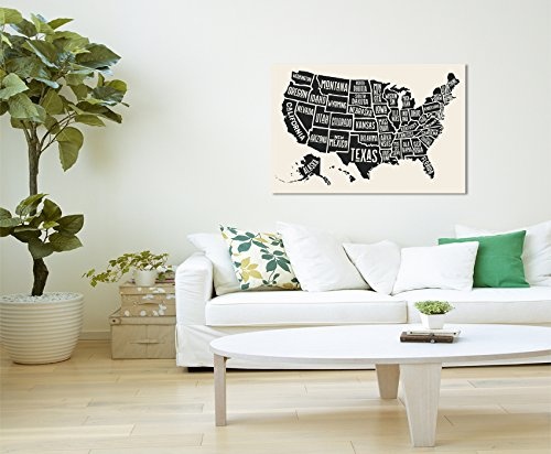 Paul Sinus Art Kunstfoto auf Leinwand 60x40cm Vintage Illustration der USA mit Staaten auf Leinwand Exklusives Wandbild Moderne Fotografie für Ihre Wand in Vielen Größen