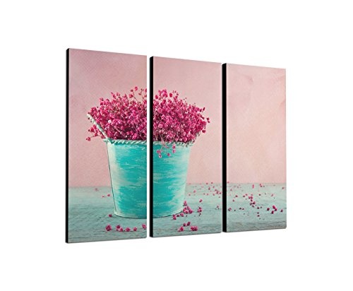 Paul Sinus Art 130x90cm - KUNSTDRUCK pinkes Gipskraut blaue Vase Vintage 3teiliges Wandbild auf Leinwand und Keilrahmen - Fotobild Kunstdruck Artprint